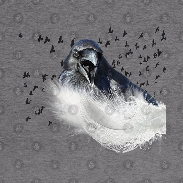 RAVEN SPIRIT ANIMAL WITH WHITE CLEANSING ANGEL FEATHER by KutieKoot T's